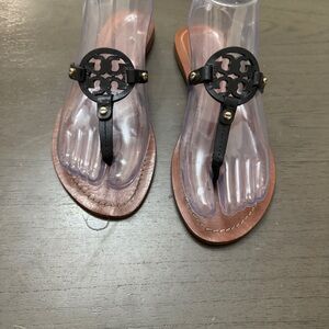 Tory Burch Black Leather Logo Medallion T-Strap Sandals